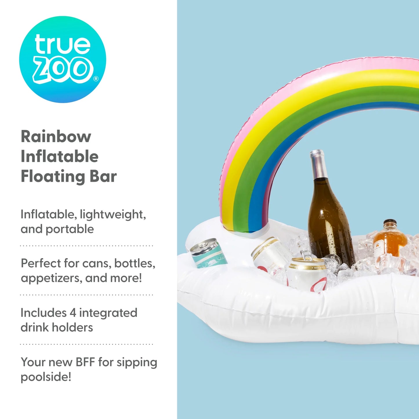 TrueZoo Rainbow Floating Bar Pool Party Inflatable Cup Holders and Cooler, Colorful Cloud Ice Box Drink Floatie, Set of 1