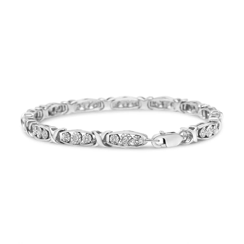 .925 Sterling Silver 1/10 Cttw Diamond Miracle Set 3 Stone Link Bracelet (I-J Color, I2-I3 Grade - 7.25" Inches