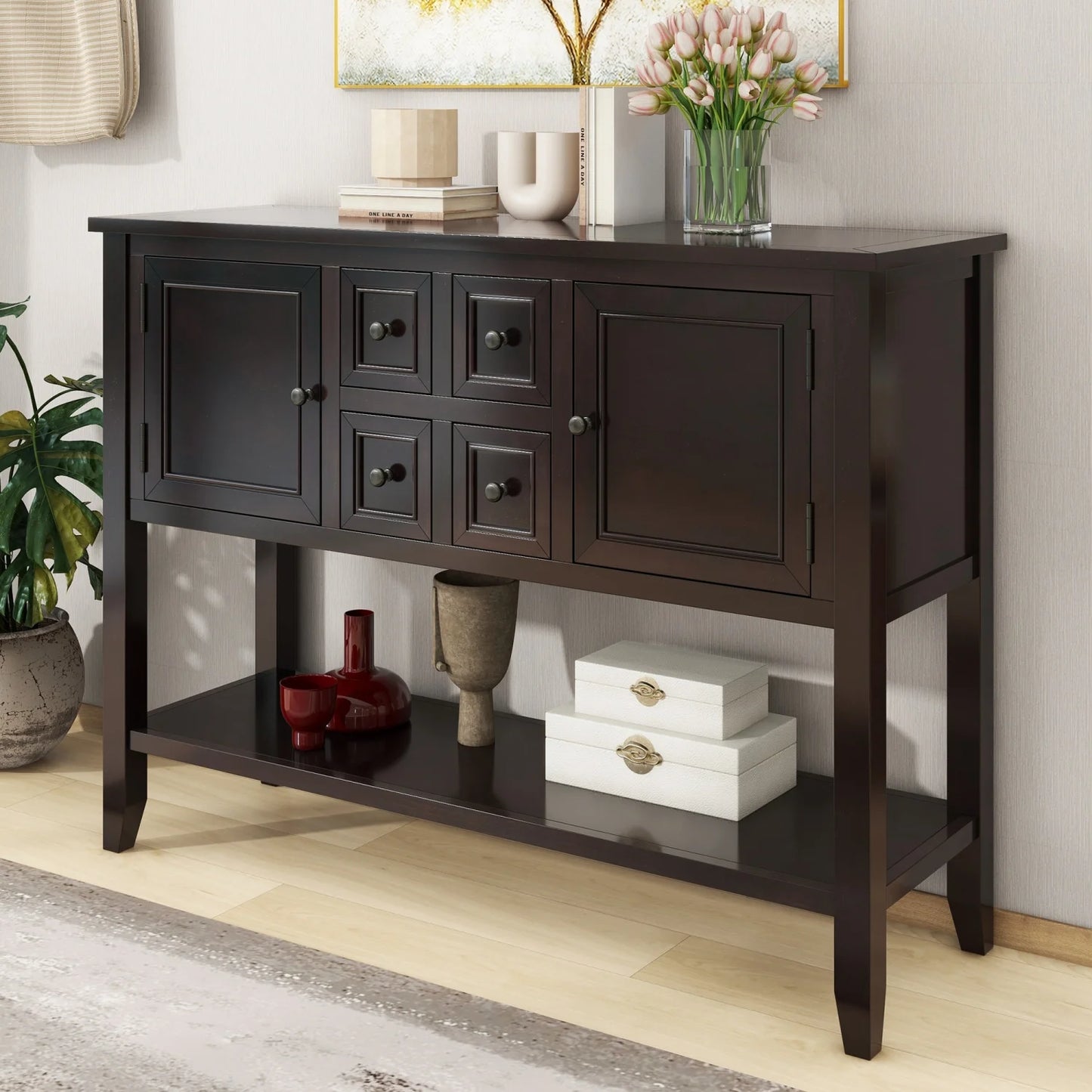 TREXM Cambridge Series Ample Storage Vintage Console Table with Four Small Drawers and Bottom Shelf Living Rooms Entrances and Kitchens (White OLD SKU WF190263AAA)