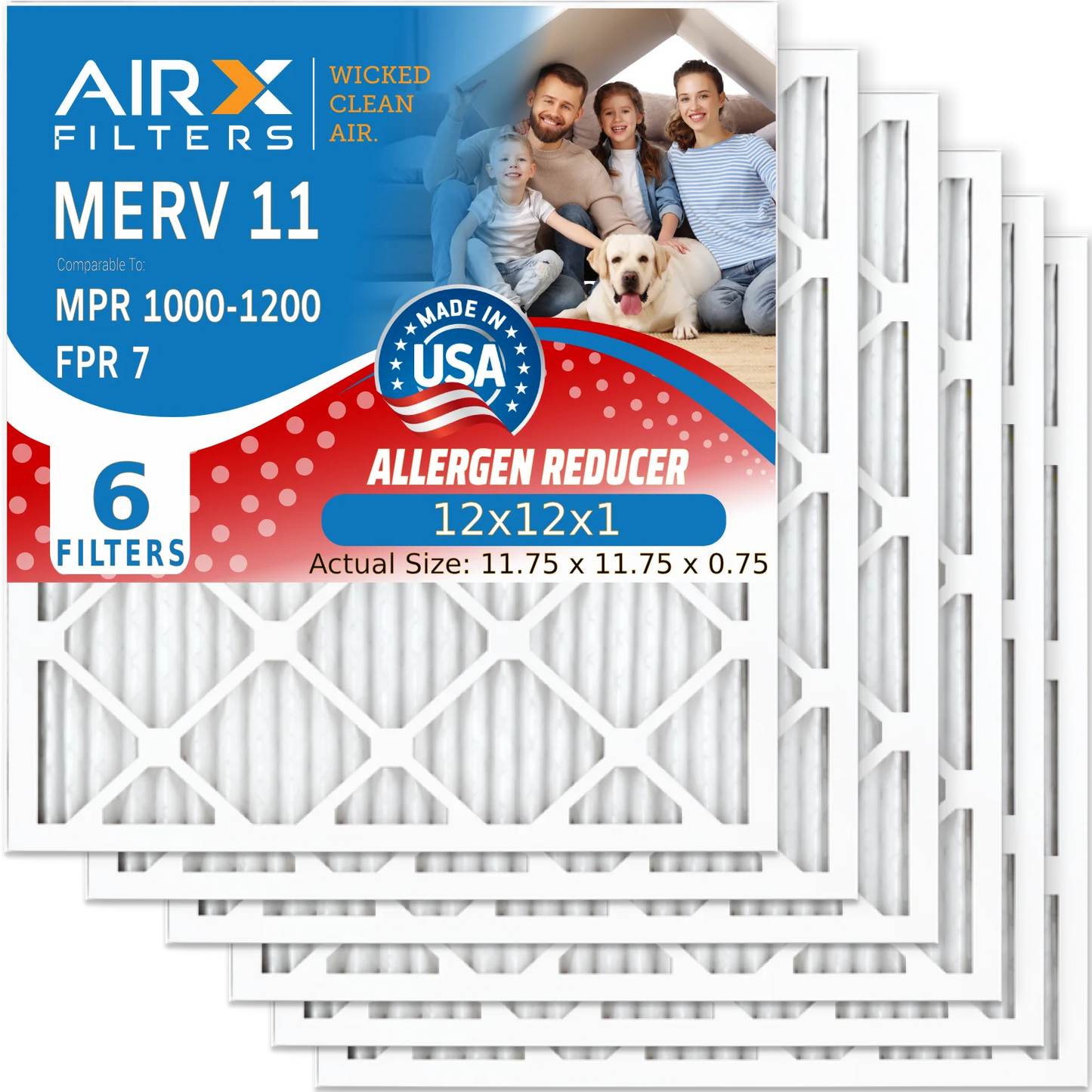 12x12x1 Air Filter MERV 11 Comparable to MPR 1000, MPR 1200 & FPR 7 Electrostatic Pleated Air Conditioner Filter 6 Pack HVAC Premium USA Made 12x12x1 Furnace Filters by AIRX FILTERS WICKED CLEAN AIR.