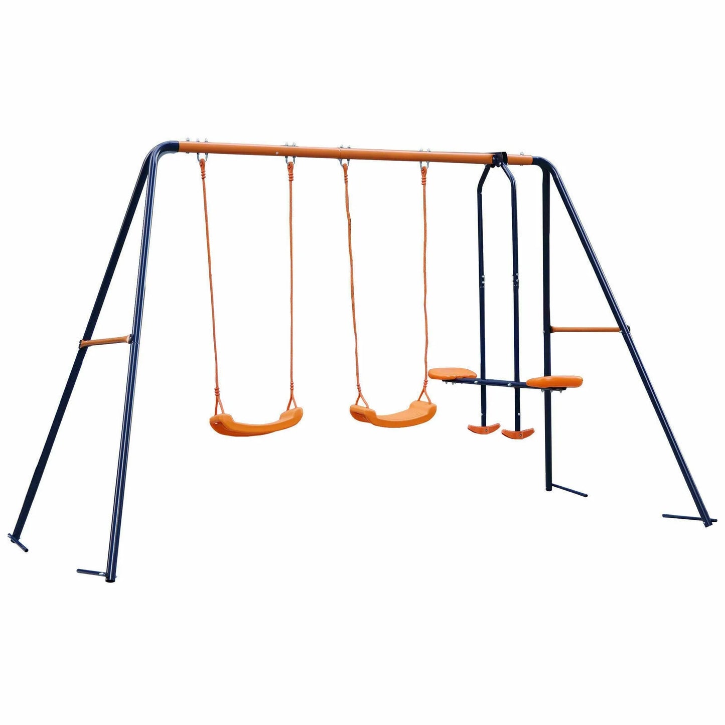 ZENSTYLE Double Metal Swing Set W/ 2 Saucer Swing Seats, 1 Seesaw Outdoor, Backyard - Kids Toddler Toy, All