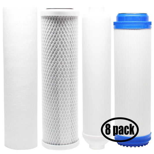 8-Pack Replacement Filter Kit Reverse Osmosis Revolution RCC1UP RO System - Includes Carbon Block Filter, PP Sediment Filter, GAC Filter & Inline Filter Cartridge - Denali Pure Brand