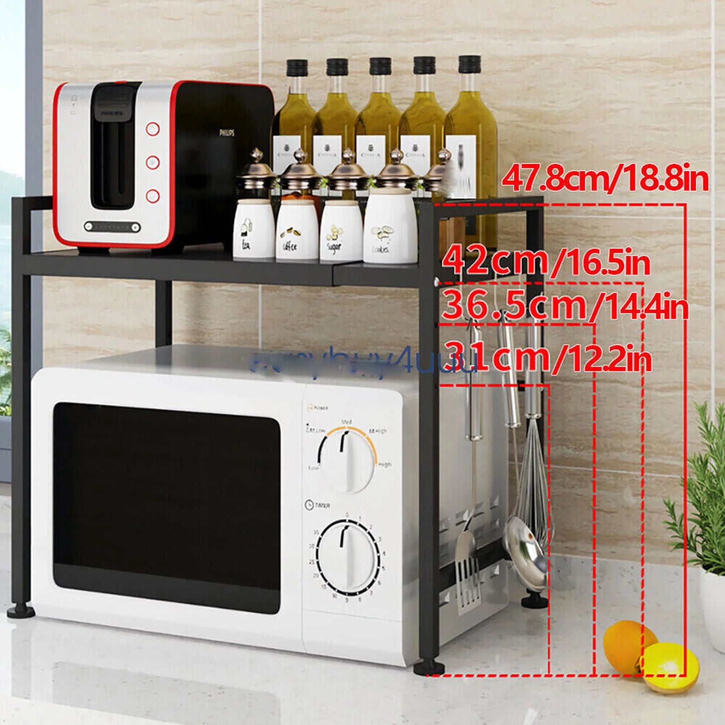 14.5~22.8 inch Microwave Oven Rack, Single Tier Countertop Microwave Oven Rack, Metal Shelf Kitchen Condiment Storage Cabinet Stand, Expandable Retractable Microwave Oven Rack