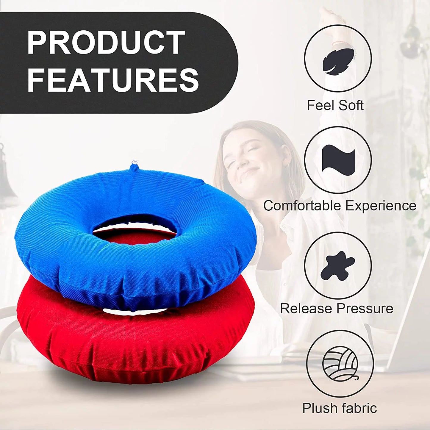 Zonon 2 Pieces Inflatable Donut Cushion Inflatable Ring Cushion Seat 15 Inch Round Inflatable Cushion Portable Donut Cushion Pillow Home Office Chair Wheelchair Car, 2 Colors (Blue, Red)