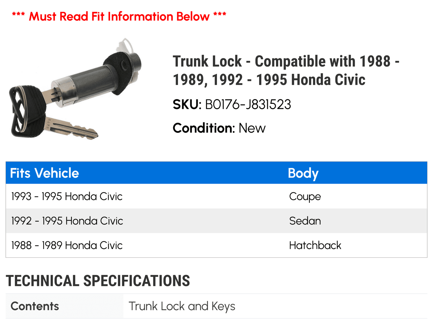 Trunk Lock - with 1988 - 1989, 1992 - 1995 Honda Civic 1993 1994