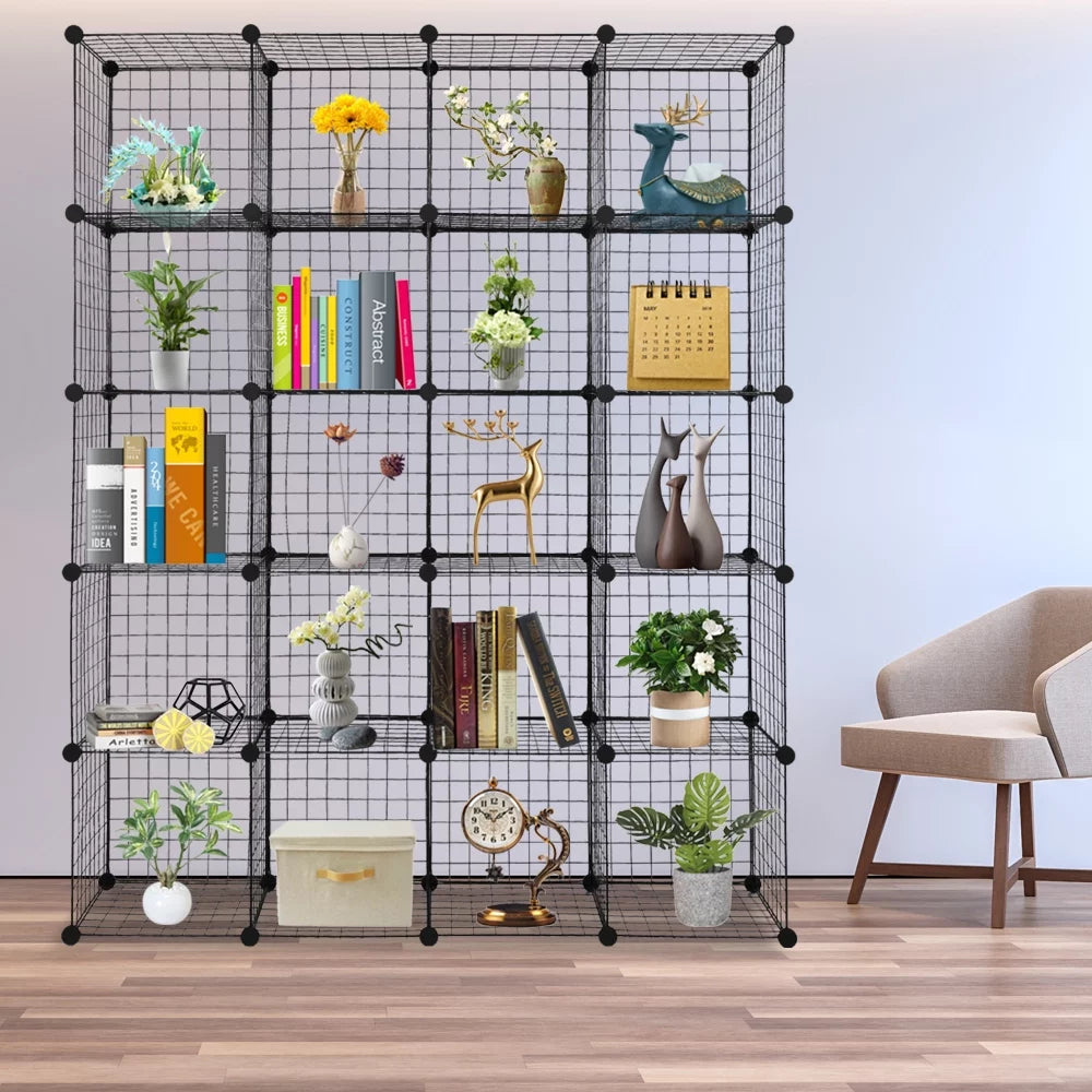 20-Cube Metal Grid Shelving Unit Storage Modular Cubbies Organizer Bookcase Black