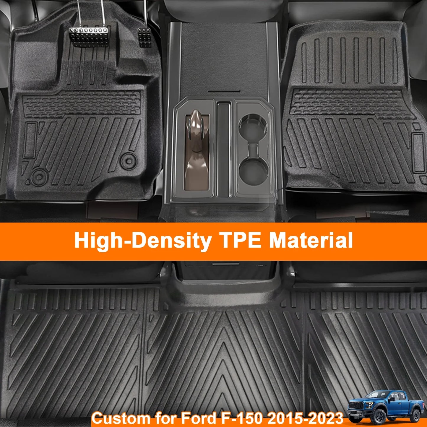 3PCS All- TPE Front & Rear Floor Mats For 2015-2024 Ford F-150 F150 SuperCrew Cab,Custom Floor Mats 1st & 2nd Row Seat,Only For F150 2015-2024 Super Crew&Bucket Seats & W/O Storage