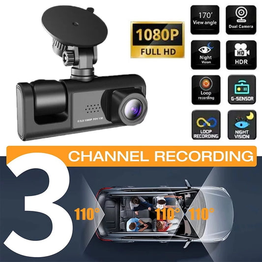 ALLTIMES 1080HD Car Dash Cam Recorder, 3 in 1 Cameras Front Interior Rear 2" HD IPS Display Screen, G-Sensor, Motion Detection, Loop Recording, with Car Charger and Video Cable