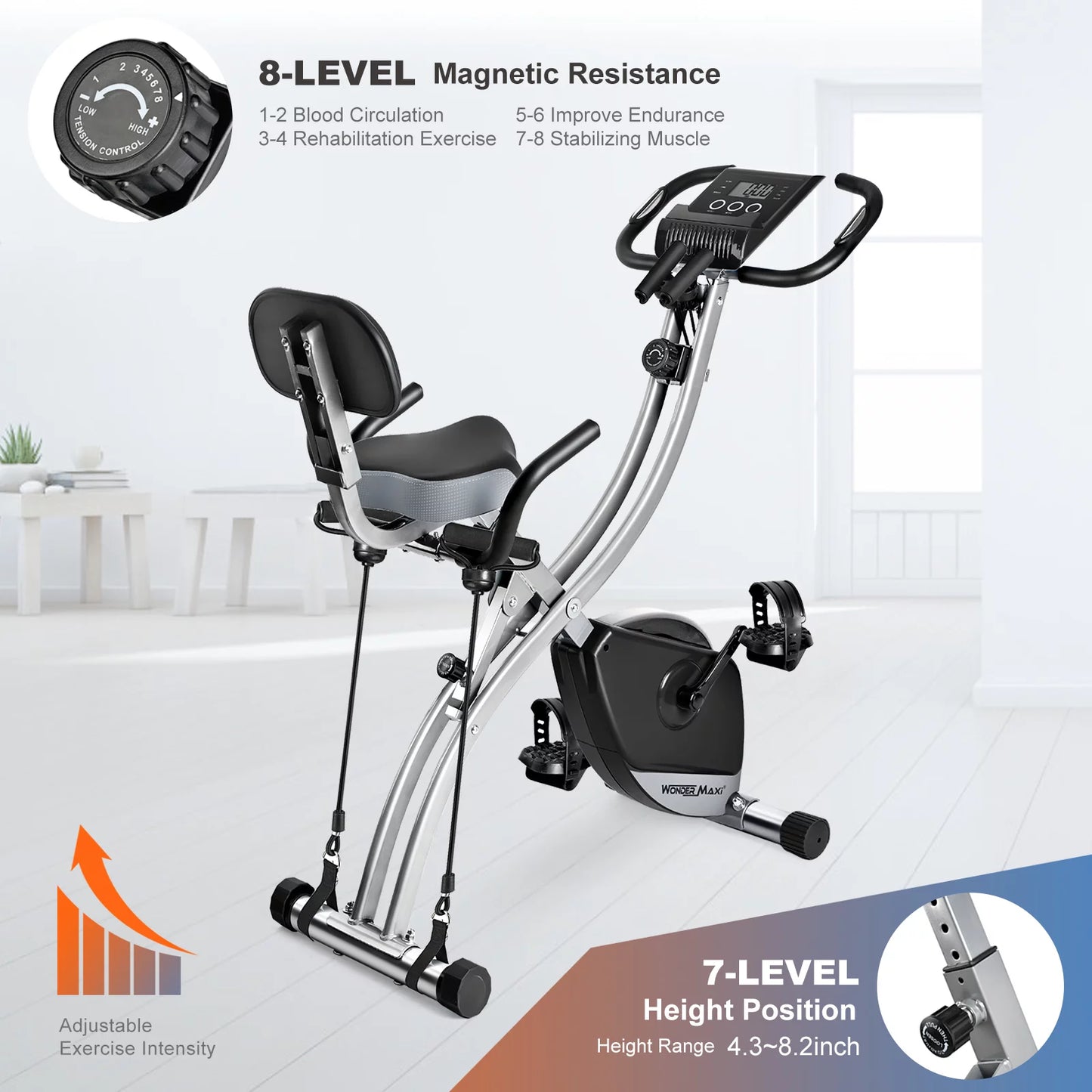 Wonder Maxi Recumbent Indoor Exercise Bike, Upright Folding Magnetic Workout with Front and Back Arm Resistance Bands