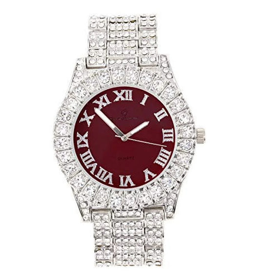 Women's Big Rocks Bezel Colored Dial with Roman Numerals Fully Iced Out Watch - ST10327LA (Silver - Burgundy)