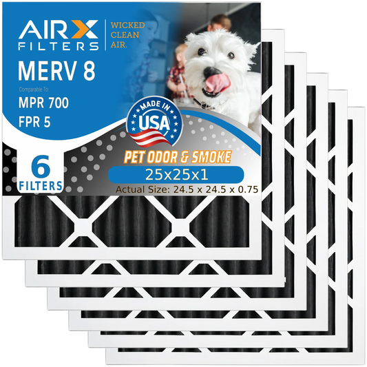 25x25x1 Air Filter Odor Eliminator Carbon Filter MERV 8 Comparable to MPR 700 & FPR 5 AC HVAC Premium USA Made 25x25x1 Furnace Filters by AIRX FILTERS WICKED CLEAN AIR. 6 Pack