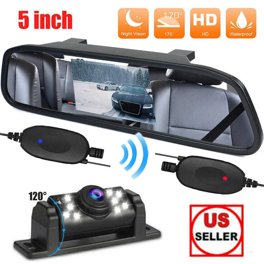 Wireless Car Backup Camera Rear View System HD Night Vision + 5" Mirror Monitor