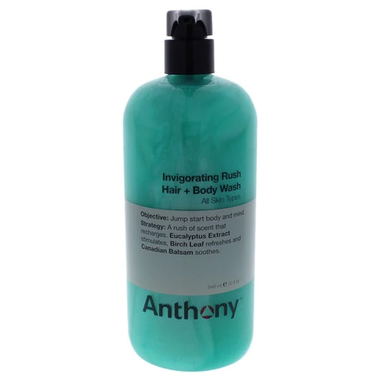 Anthony Invigorating Rush Hair and Body Wash, 32 Fl Oz, Contains Eucalyptus Extract, Canadian Balsam, Birch Leaf, 2-In-1 Formula For Hair and Body, That Cleanses, Refreshes, Hydrates and Soothes