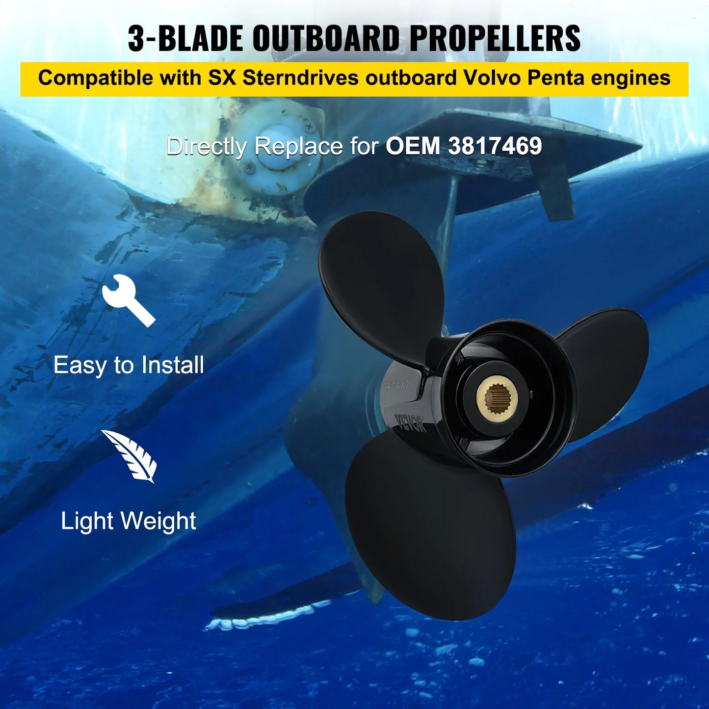 VEVOR Outboard Propeller, 3-Blade 14 1/4 x 21" Craft Propeller, Replace OEM 3817469, SX Sterndrives Outboard Volvo Penta Engine, Right-handed Aluminium Propeller & 19 Spline Teeth