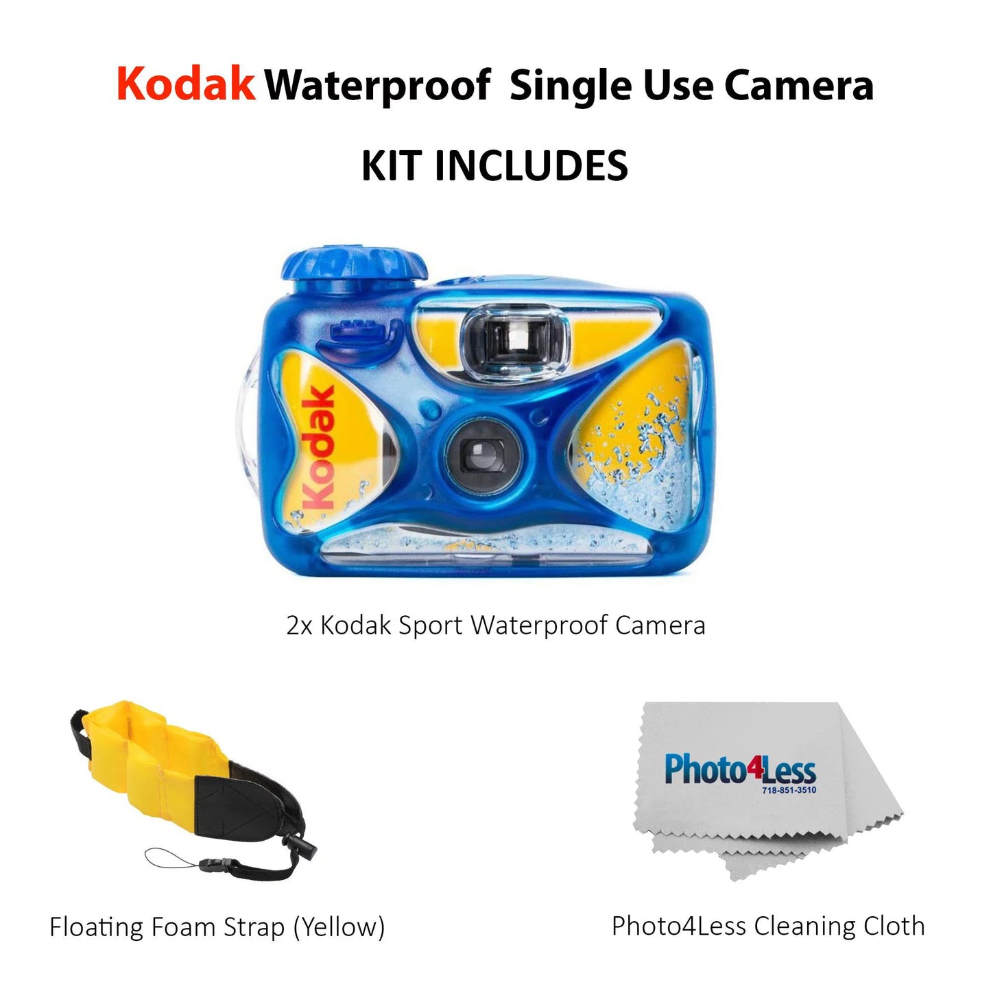 2 Pack Kodak Sport Waterproof Single Use Camera With Floating Strap and Cloth