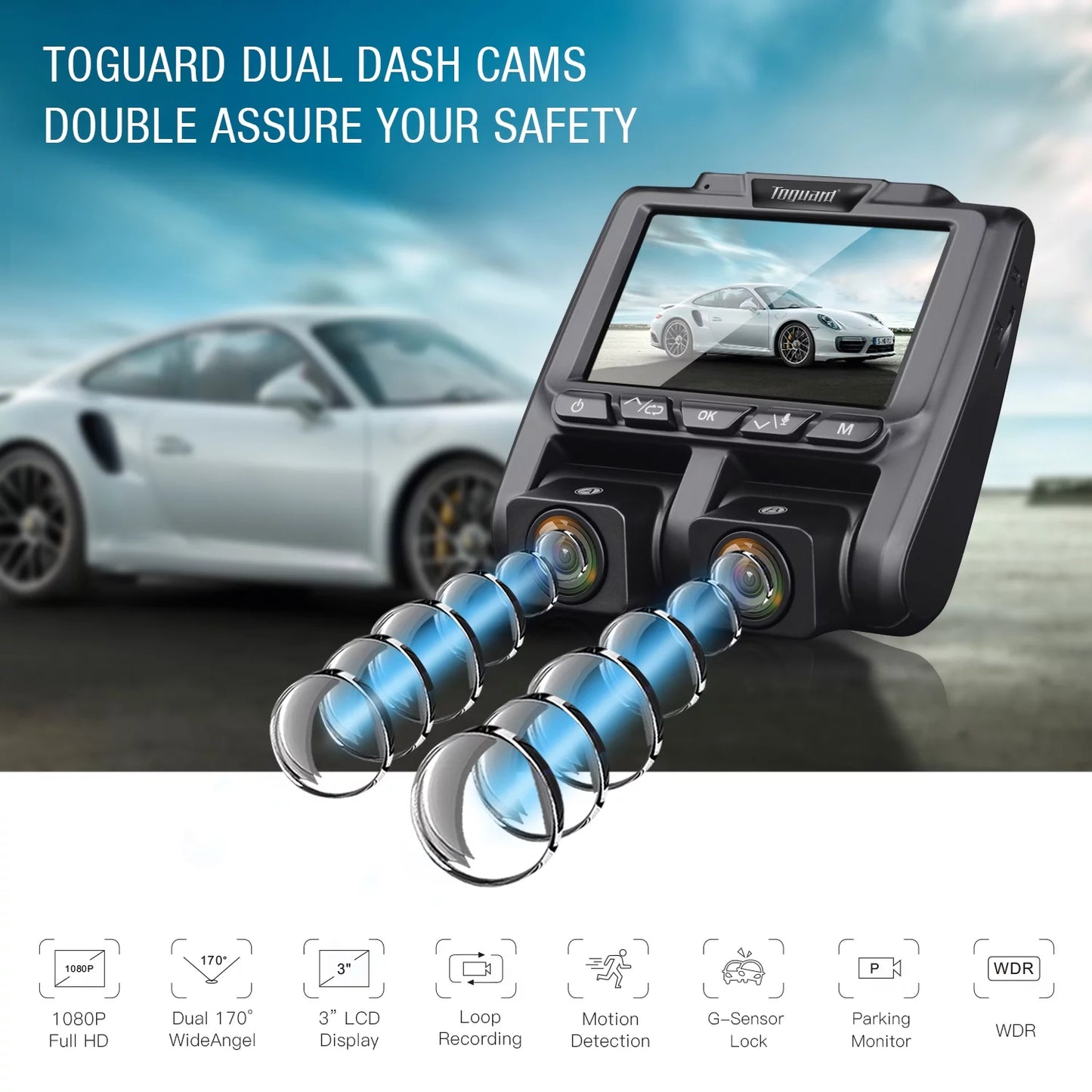 TOGUARD Dual Dash Cam Front and Inside 1080P Dash Camera 3" LCD Screen Car Camera with IR Night Vision Parking Monitor, G-Sensor, Loop Recording