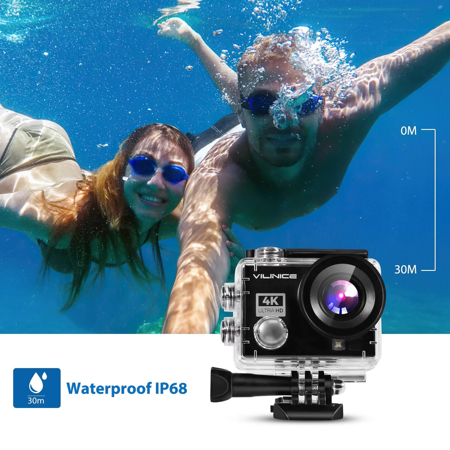 VILINICE Action Camera, 4K WiFi Camera with EIS 30m Underwater Waterproof Cameras Snorkeling, Sports Camera with 16MP Sony Sensor, Camera Case, Remote Control Gift, Travel