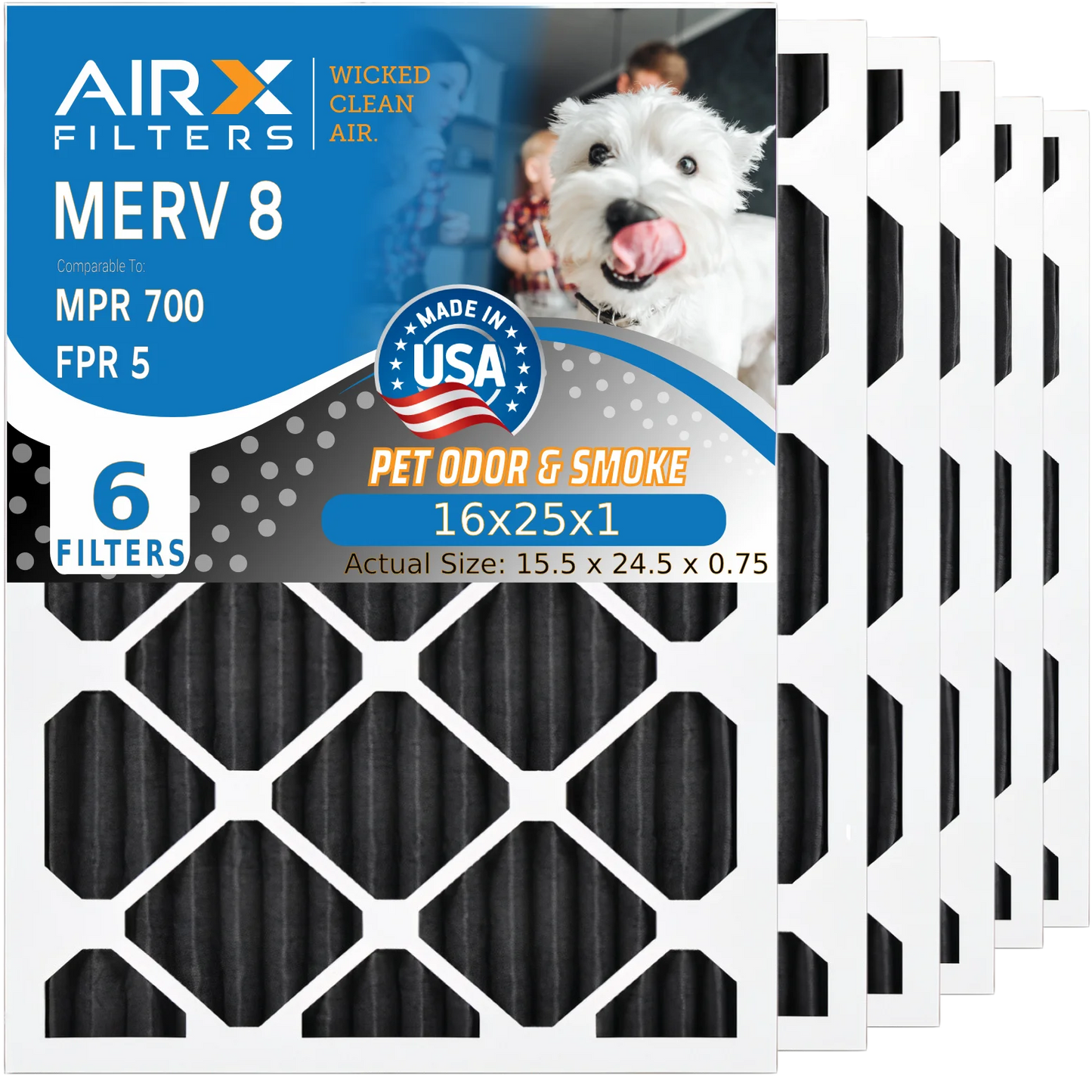 16x25x1 Air Filter Odor Eliminator Carbon Filter MERV 8 Comparable to MPR 700 & FPR 5 AC HVAC Premium USA Made 16x25x1 Furnace Filters by AIRX FILTERS WICKED CLEAN AIR. 6 Pack