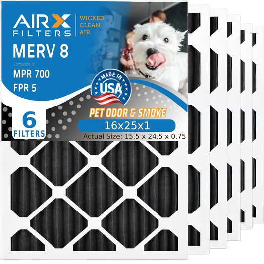 16x25x1 Air Filter Odor Eliminator Carbon Filter MERV 8 Comparable to MPR 700 & FPR 5 AC HVAC Premium USA Made 16x25x1 Furnace Filters by AIRX FILTERS WICKED CLEAN AIR. 6 Pack