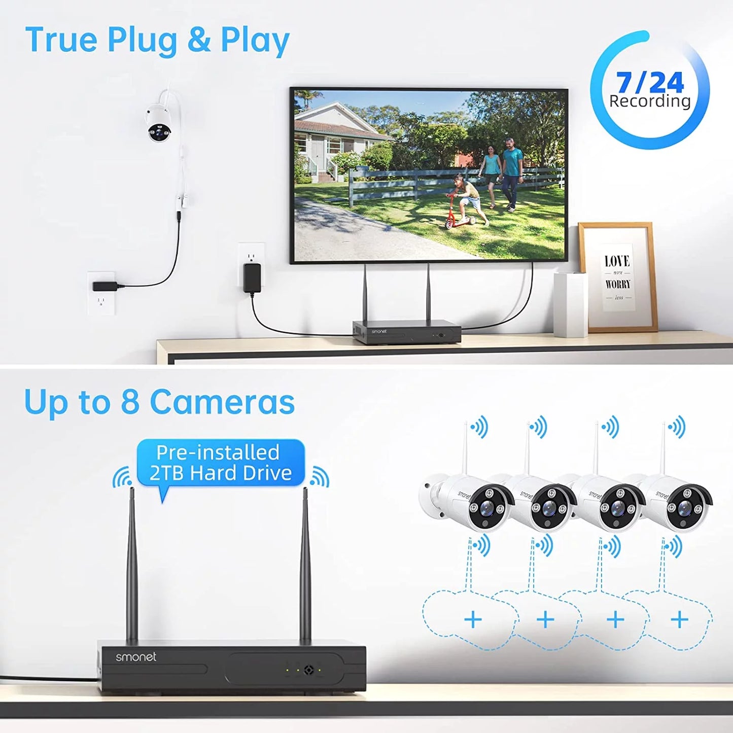 3MP Wireless Security Camera System with 2TB HDD, SMONET 4Pcs 8 Channel WiFi Surveillance NVR Kits, Indoor Outdoor CCTV Cameras System,Clearer than 1080P,Night Vision,AI Human Detection with Audio