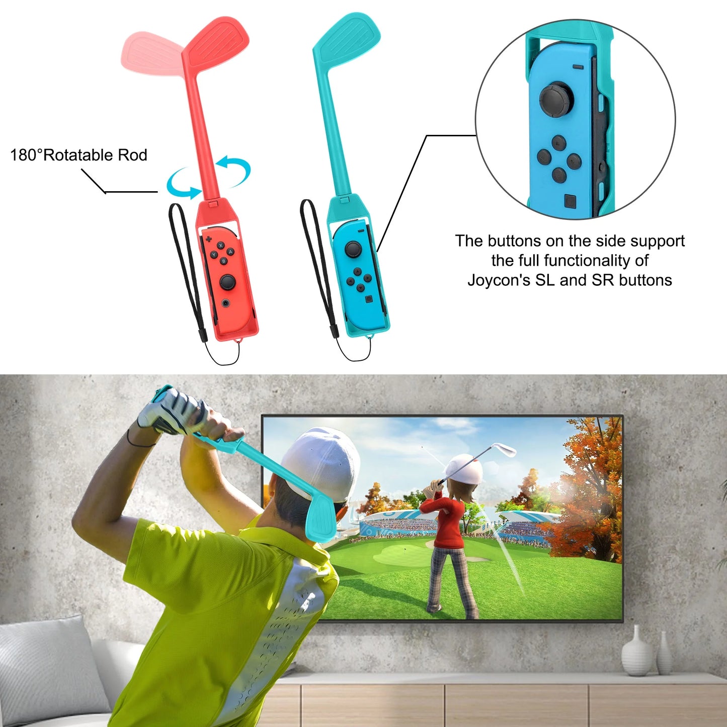 TSV 10-in-1 Switch Sports Games Accessories Kit Nintendo Switch/OLED, Family Accessories Kit with Tennis Racket, Swords, Golf Clubs Grip, Bowling Grip, Leg/Wrist Strap