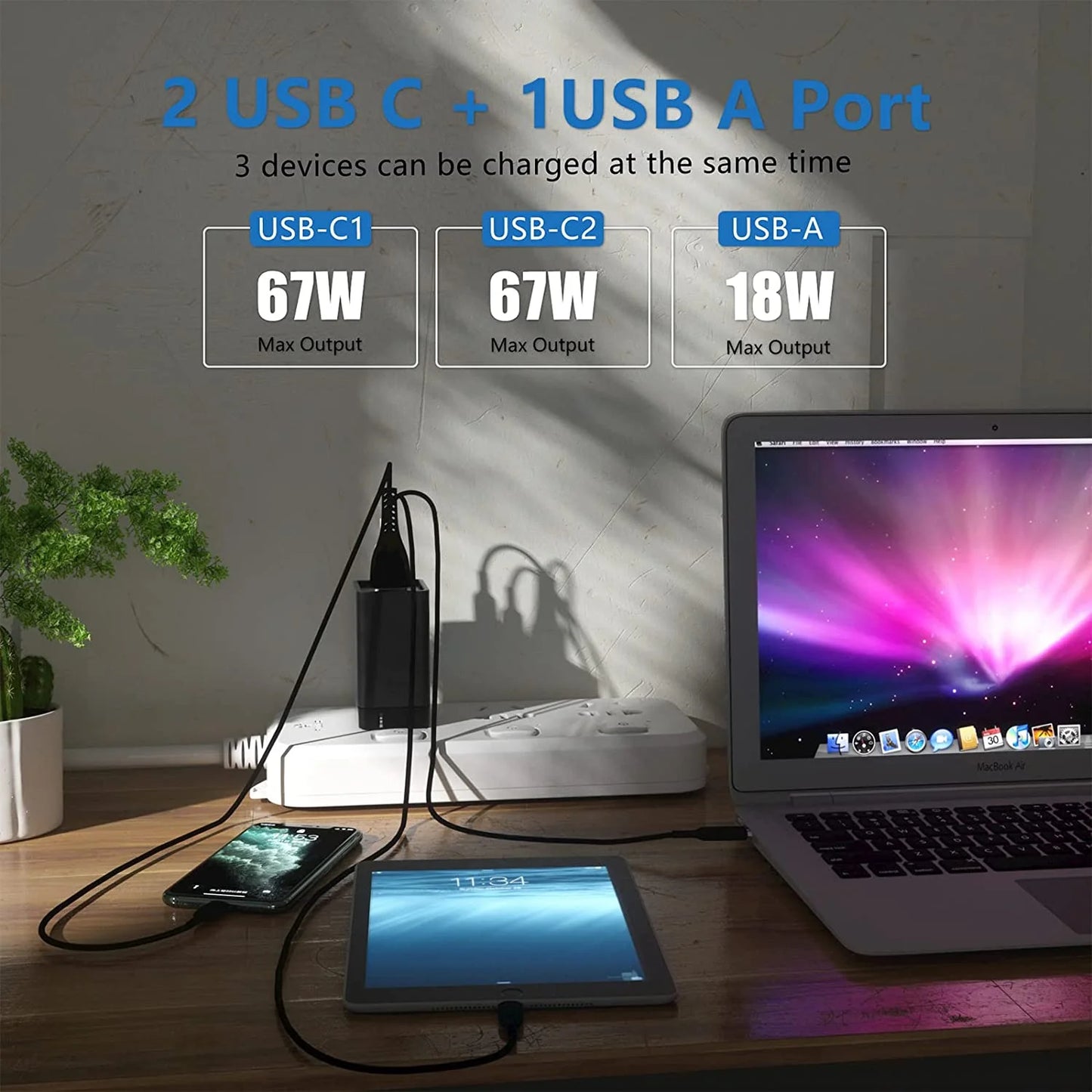 USB C Wall Charger, 67W 3 Port GaN PD&QC USB C Adapter, USB Power Adapter with Foldable Plug