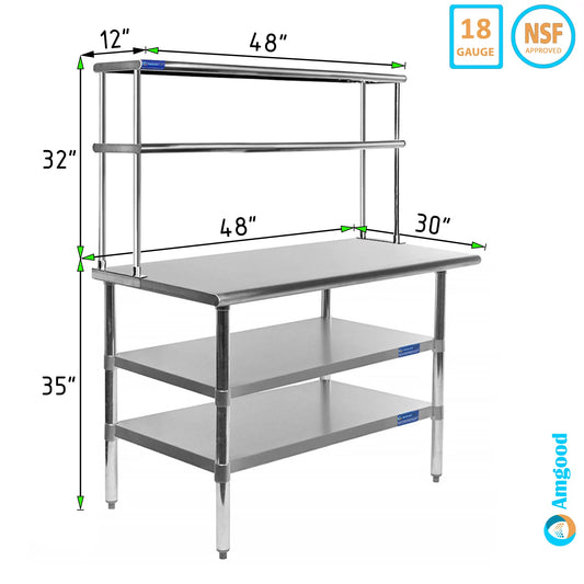 30" x 48" Stainless Steel Work Table With Two Shelves | 12" Wide Double Tier Overshelf | Metal Kitchen Prep Table & Shelving Combo