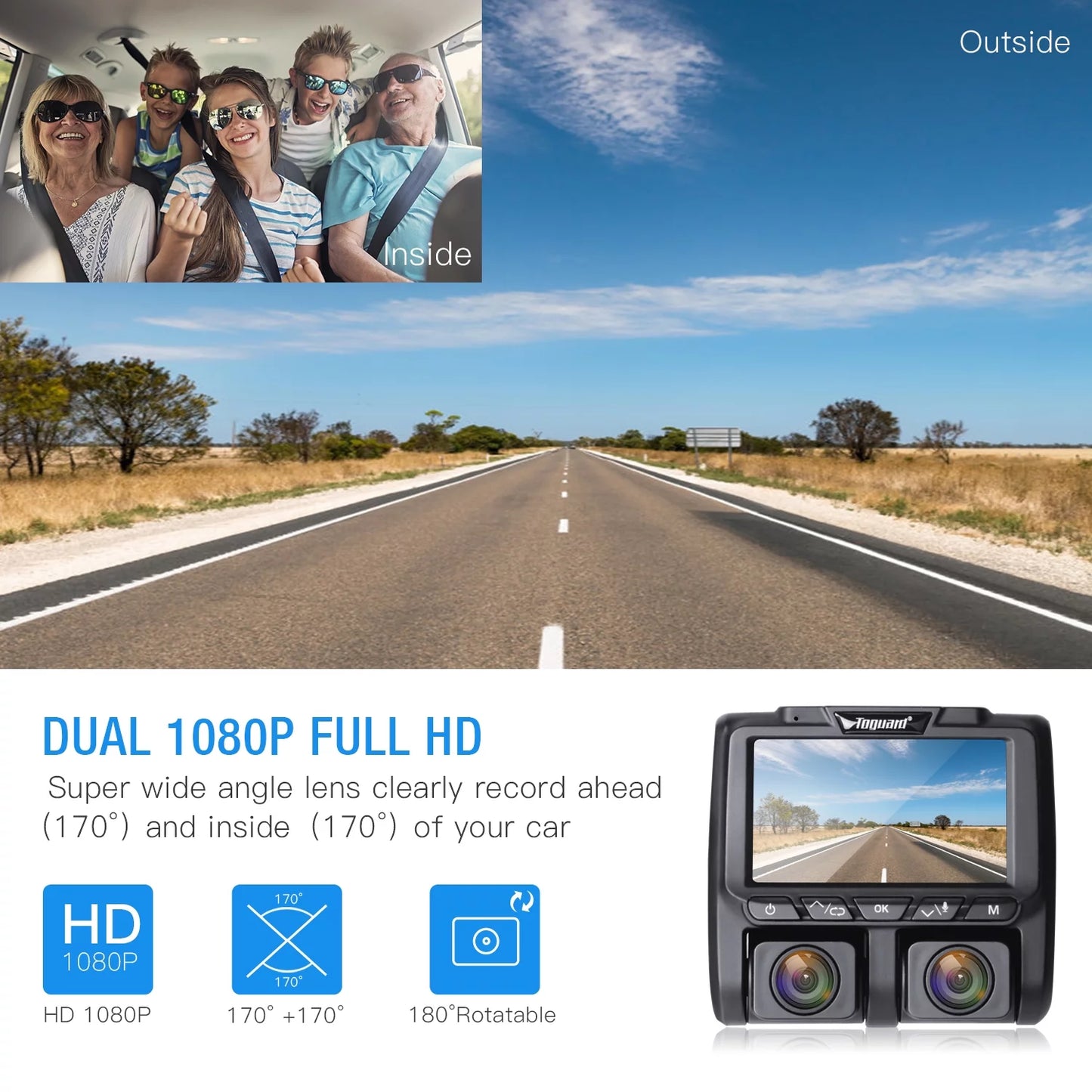 TOGUARD Dual Dash Cam Front and Inside 1080P Dash Camera 3" LCD Screen Car Camera with IR Night Vision Parking Monitor, G-Sensor, Loop Recording