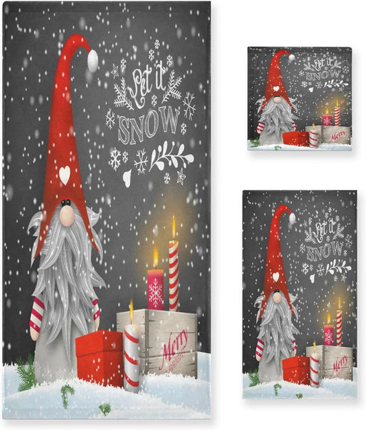 Wellsay Christmas Gnome Towel Set of 3, Highly Absorbent Soft Towels with Bath Towel, Hand Towel and Washcloth Bathroom Hotel Gym Spa