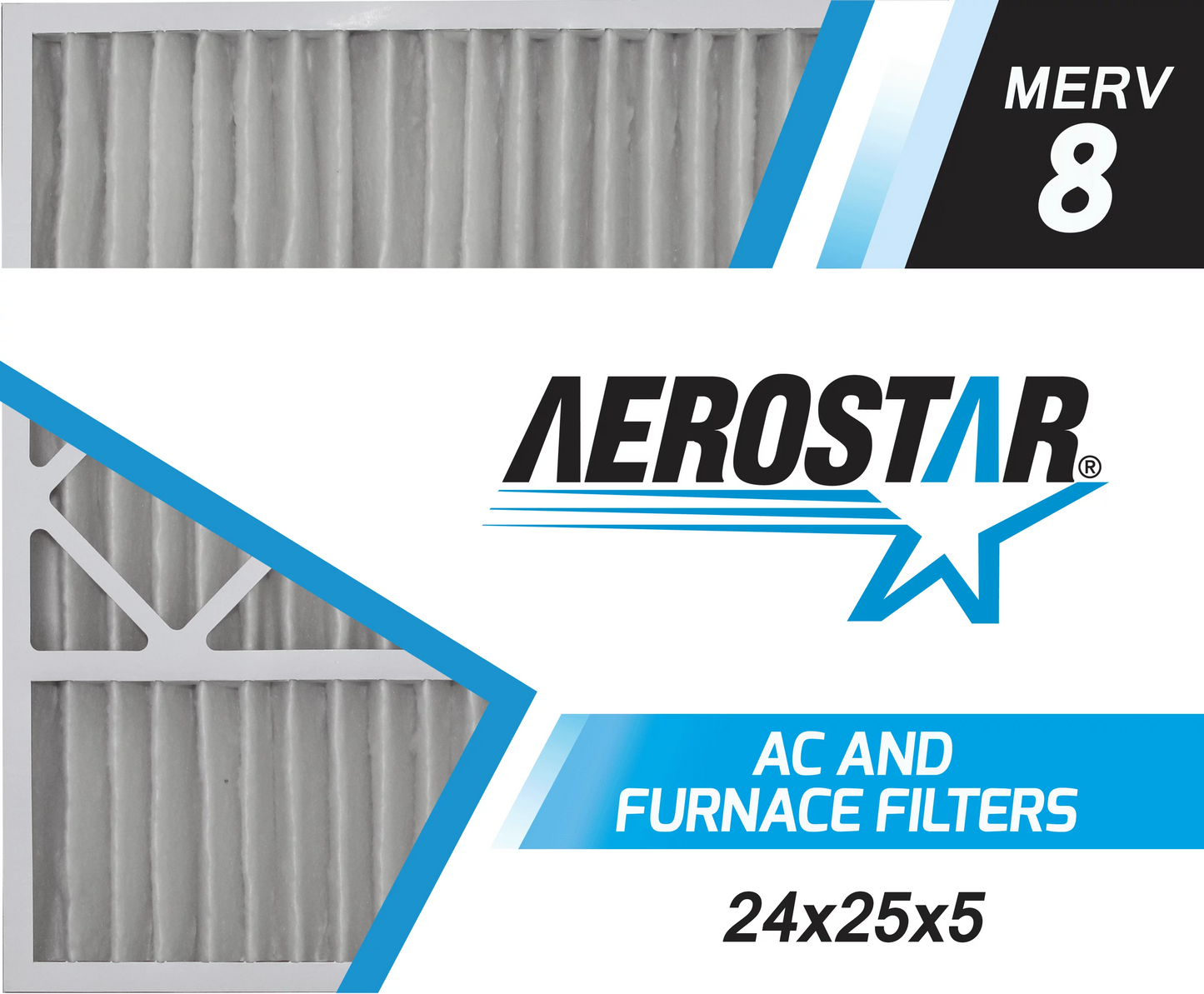 Aerostar 24x25x5 MERV 8, Carrier Replacement Pleated Air Filter, 24x25x5, Box of 2