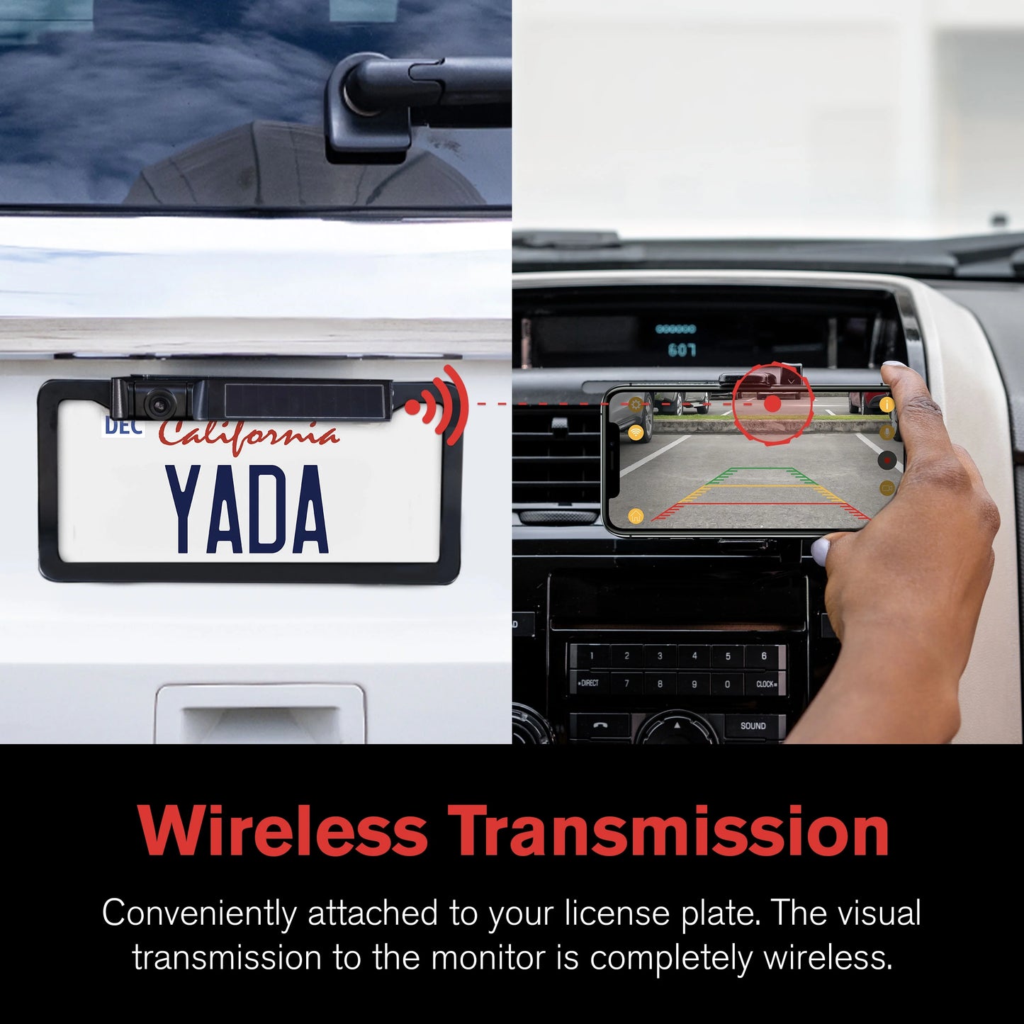 YADA 1080P Full HD Wireless Portable Backup Camera, App Controlled via Bluetooth and Wi-Fi on Phone, Solar Powered Wireless Charging, Universally , Easy Installation, Black