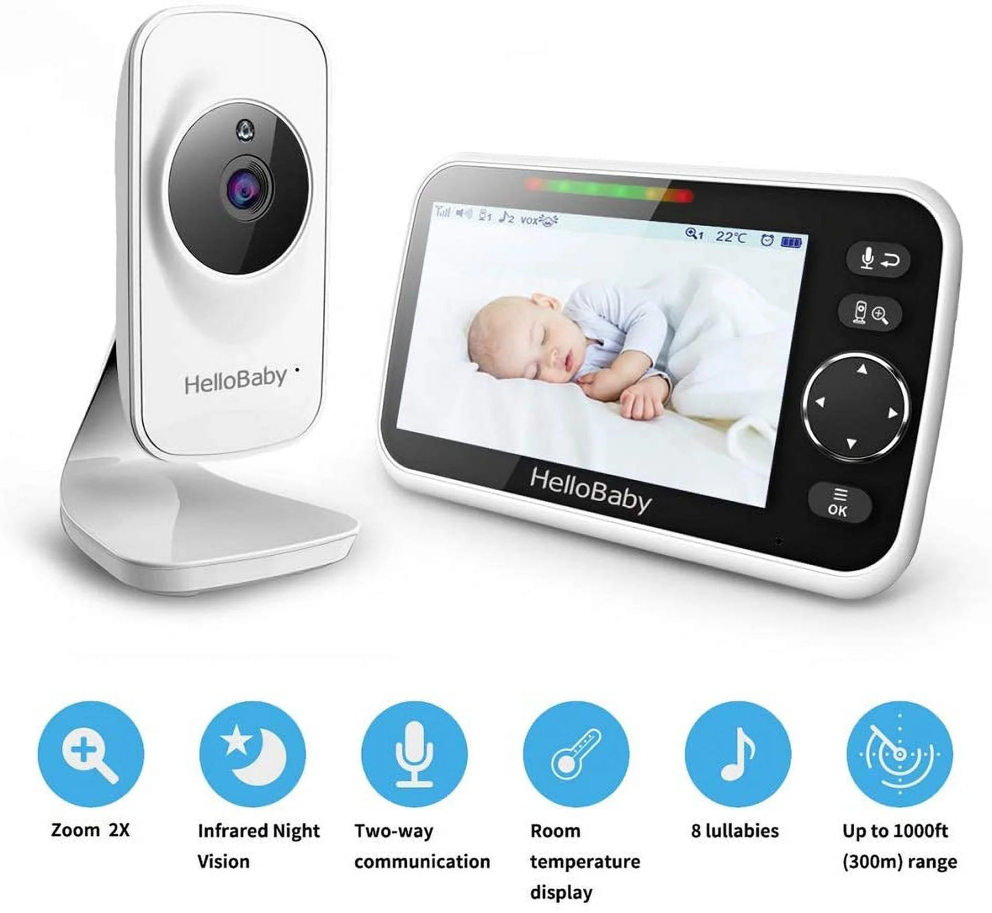 Video Baby Monitor with Camera and Audio, 5" Color LCD Screen, HelloBaby Monitor Camera, Infrared Night Vision, Temperature Display, Lullaby, Two Way Audio and VOX Mode 5 inches