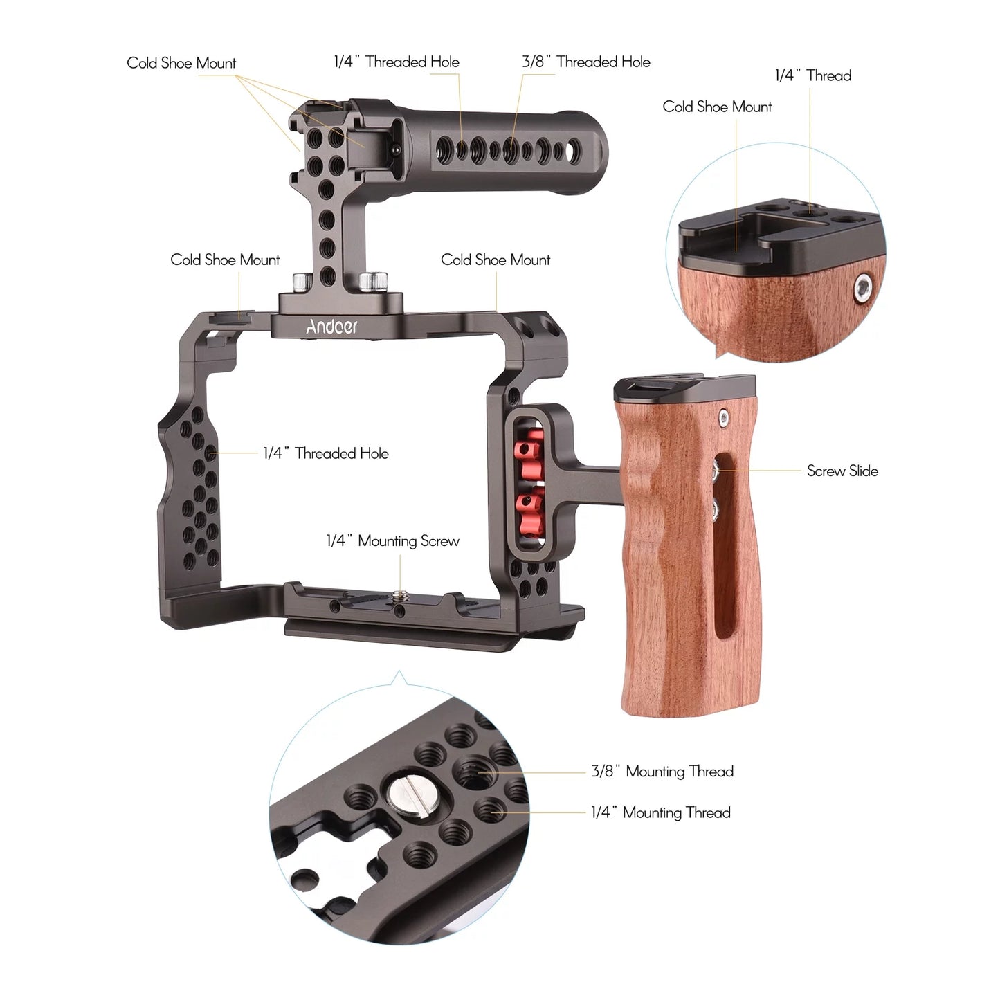 Walmeck Andoer Aluminum Alloy Cage Kit with Video Rig Handle Wooden Grip Replacement Sony A7R III/ A7 II/ A7III