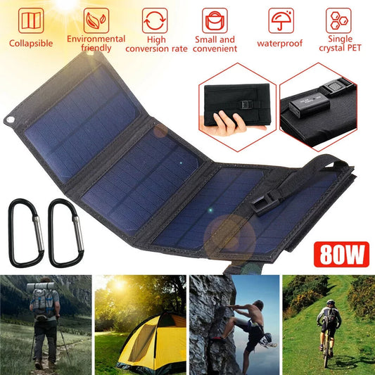 80W Solar Charger Solar Panel Portable Solar Phone Charger Waterproof Power Bank Phone Fishing Hiking Camping Emergency Outdoors