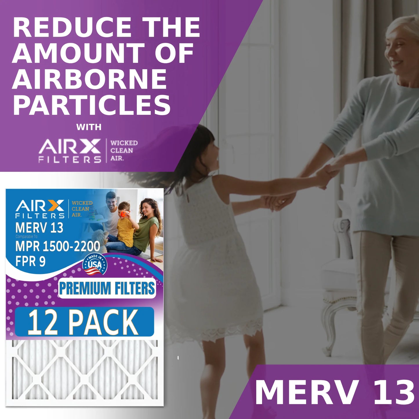 15x20x1 Air Filter MERV 13 Rating, 12 Pack of Furnace Filters Comparable to MPR 1500 - 2200 & FPR 9 - Made in USA by AIRX FILTERS WICKED CLEAN AIR.