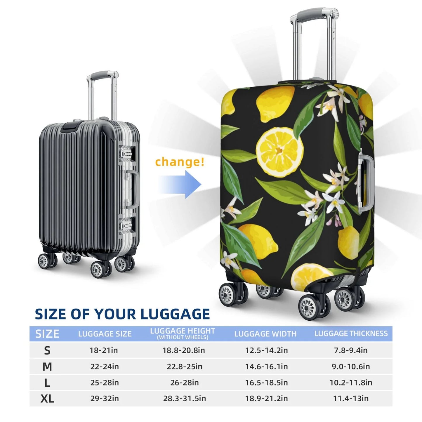 Adobk Lemon Fruits Flowers Leaves Luggage Protector Suitcase Wrap Stretch Suitcase Shield Washable Luggage Coating For Suitcase For Women And Men, Travel Accessories-Small