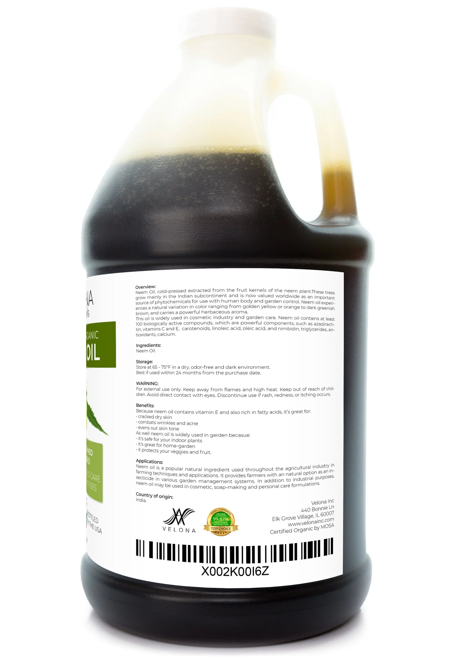 Velona Neem Oil USDA Certified Organic - 64 oz | 100% Pure and Natural Carrier Oil | Virgin, Unrefined, Cold Pressed | Hair, Body and Skin Care | Use Today - Enjoy Results