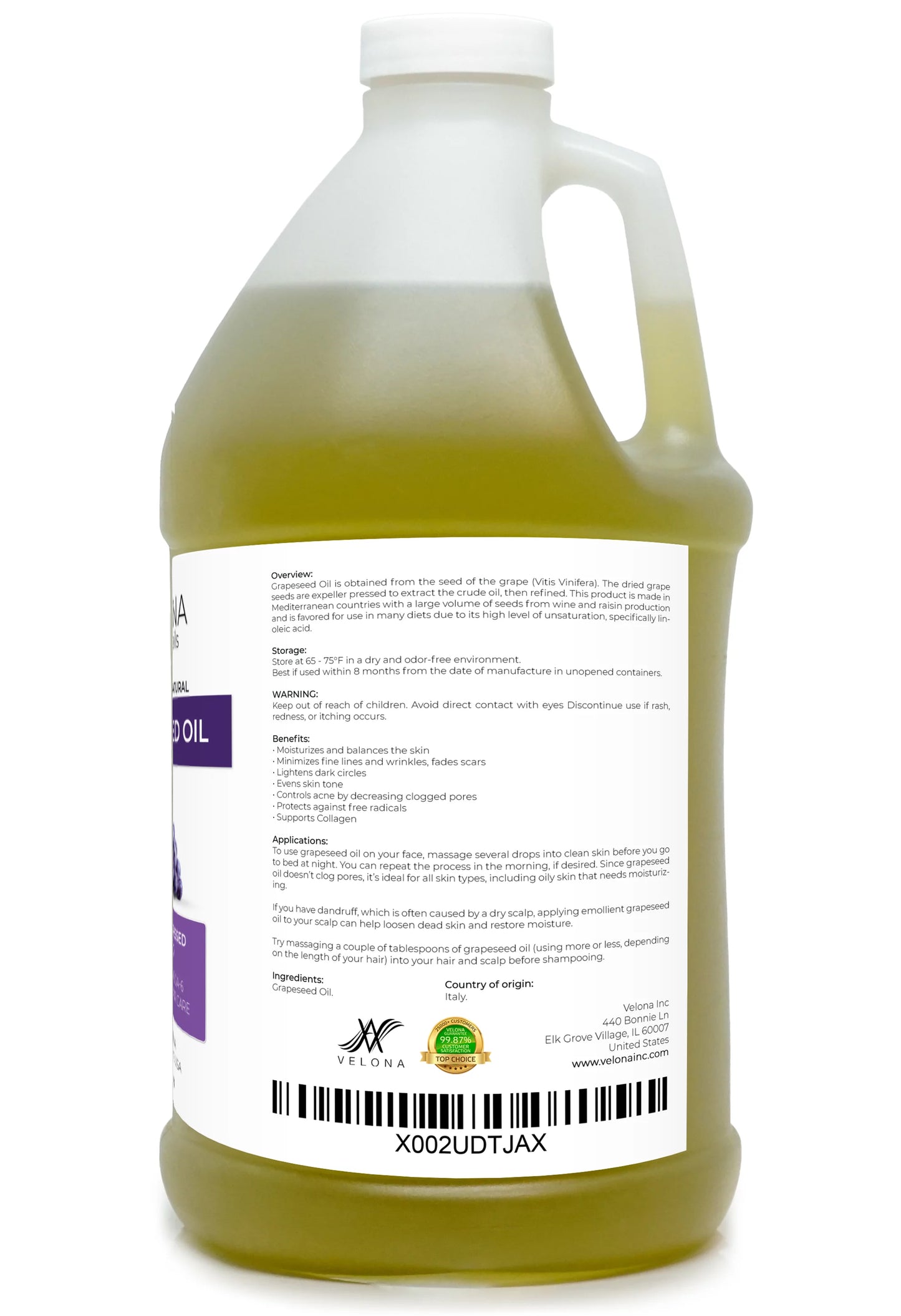 Velona Grapeseed Oil - 64 oz | 100% Pure and Natural Carrier Oil | Refined, Cold pressed | Cooking, Skin, Face, Body, Hair Care