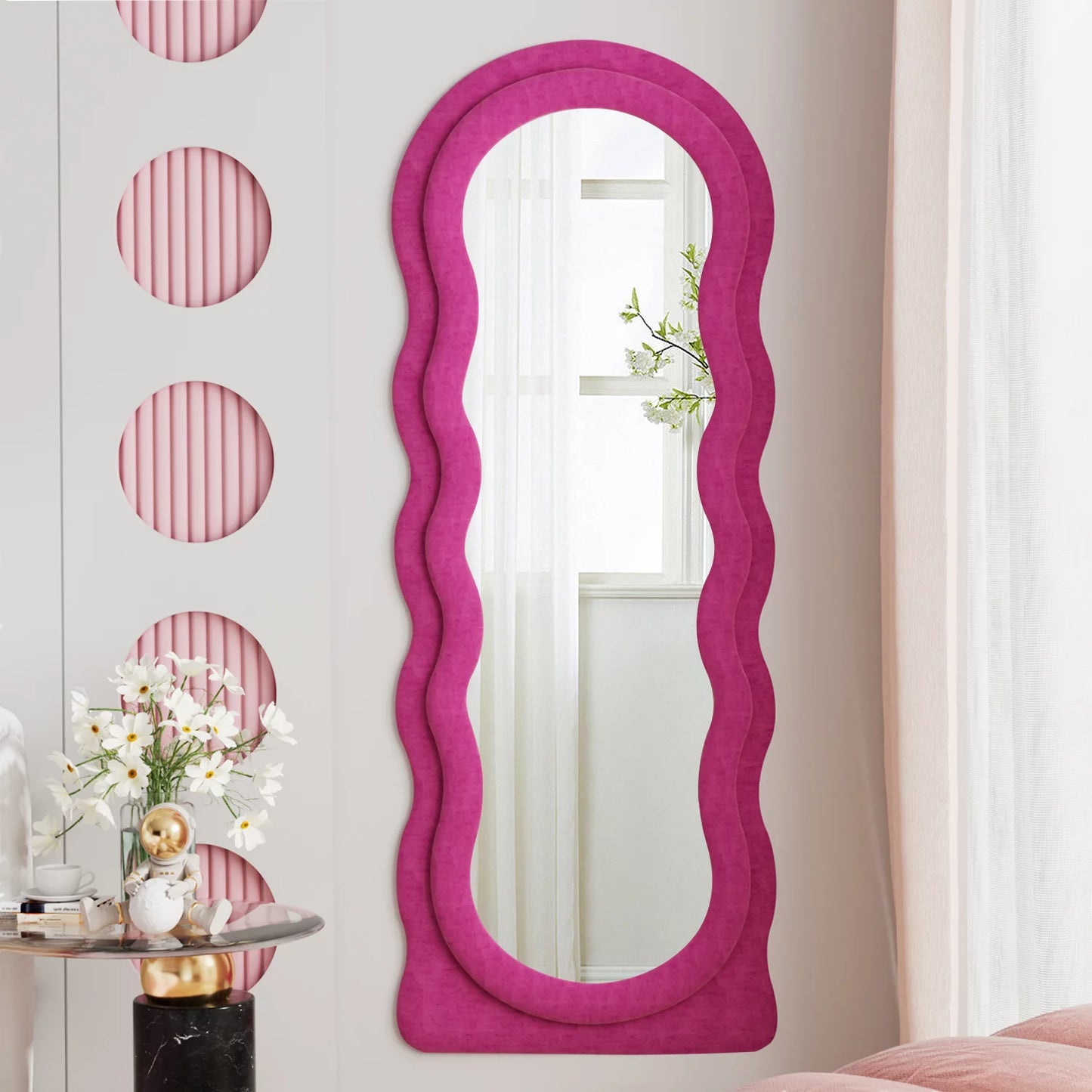 VLUSH Wavy Full Length Mirror, Freestanding Floor Mirror with Stand, 63"x24" Wall Mounted Mirror Bedroom (Pink)