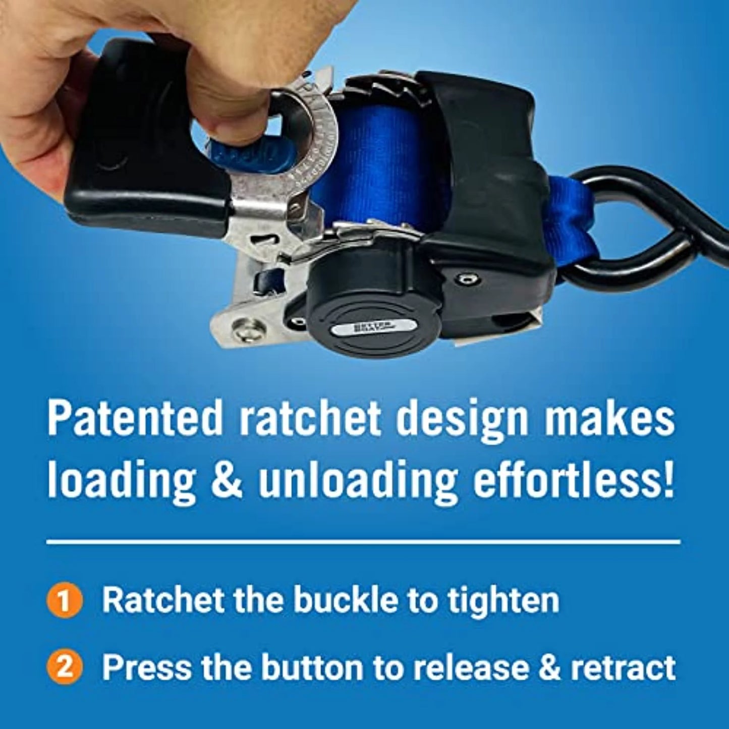 2x43 Blue Stainless Retractable Ratchet Straps - Heavy Duty Set with Mounting Brackets & Bolts - Self-Retracting Fastener Cargo