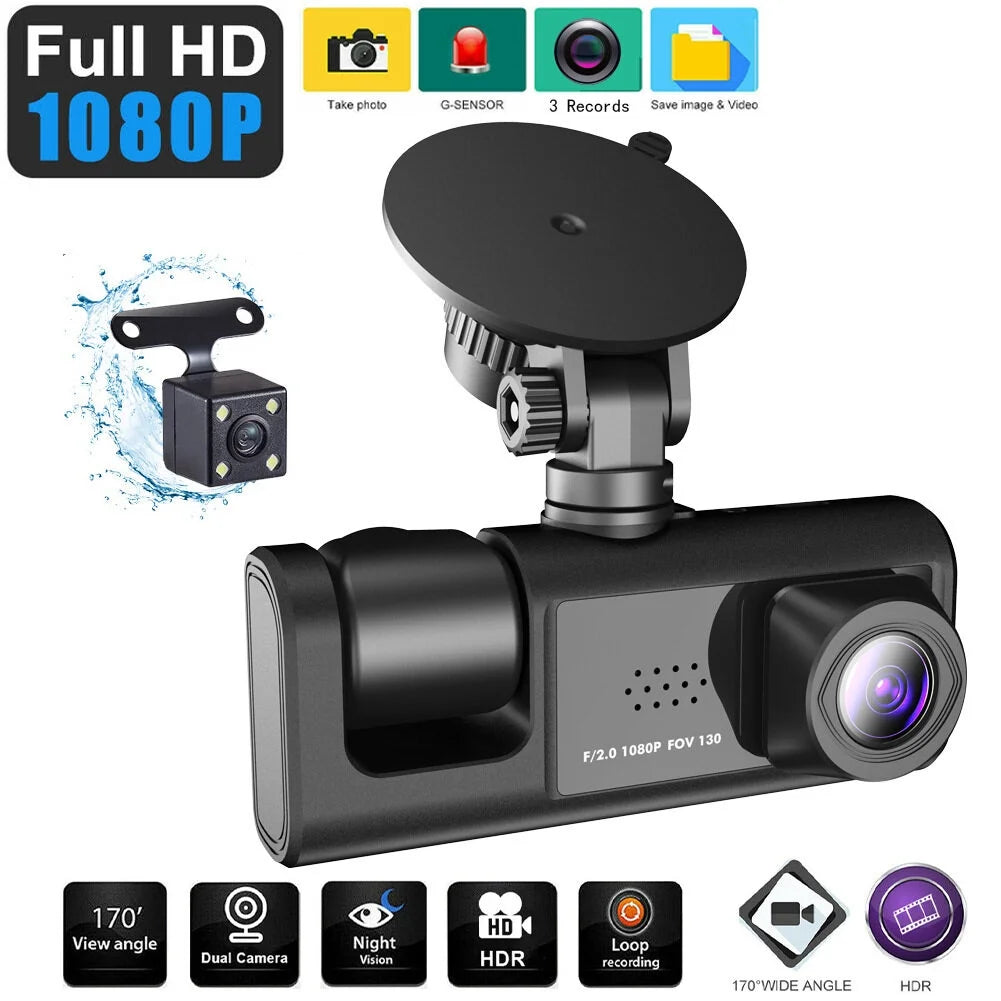 1080P DVR Dash Camera Front & Inside & Rear Camera Driving Recorder 2 Inch Screen Dashcam Support Night-Vision Loop Recording One-Key Lock WiFi version