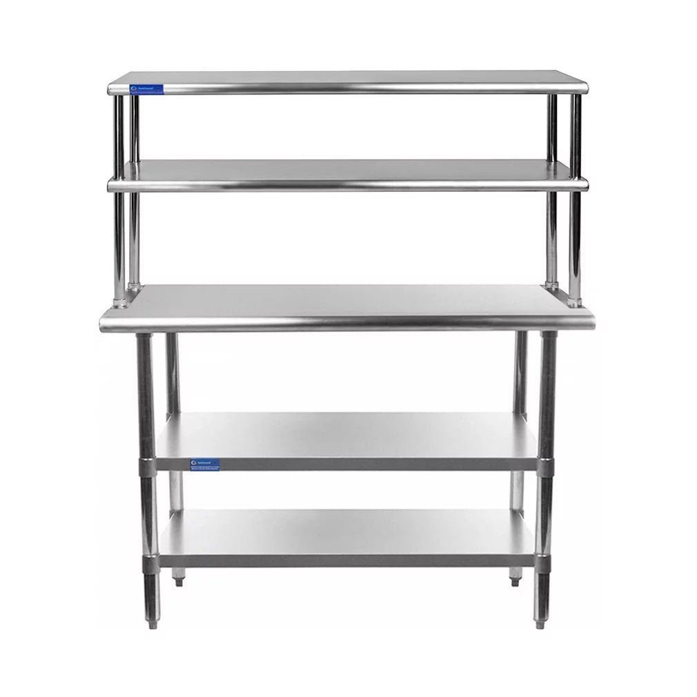 30" x 48" Stainless Steel Work Table With Two Shelves | 12" Wide Double Tier Overshelf | Metal Kitchen Prep Table & Shelving Combo