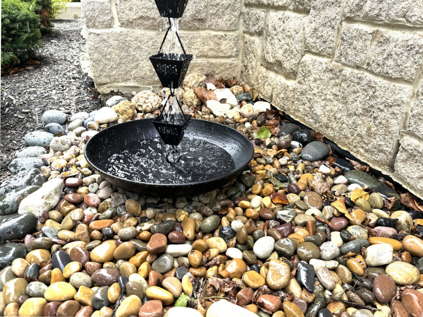 U-nitt Rain Chains 16" Anchoring Catch Basin/Receptacle/Bowl/Dish/Anchor, Black Powder Coated, Hammered, Roof Gutter Rain Chain Installation, A Decorative Fountain, A Bird Bath/Birdbath, 976BLK