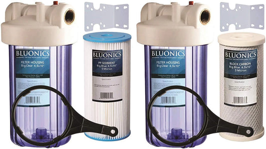 Two 10" Big Blue Whole House Water Filter w/Pleated Sediment & Carbon Filters ^ Clear Blue Transparent Housings