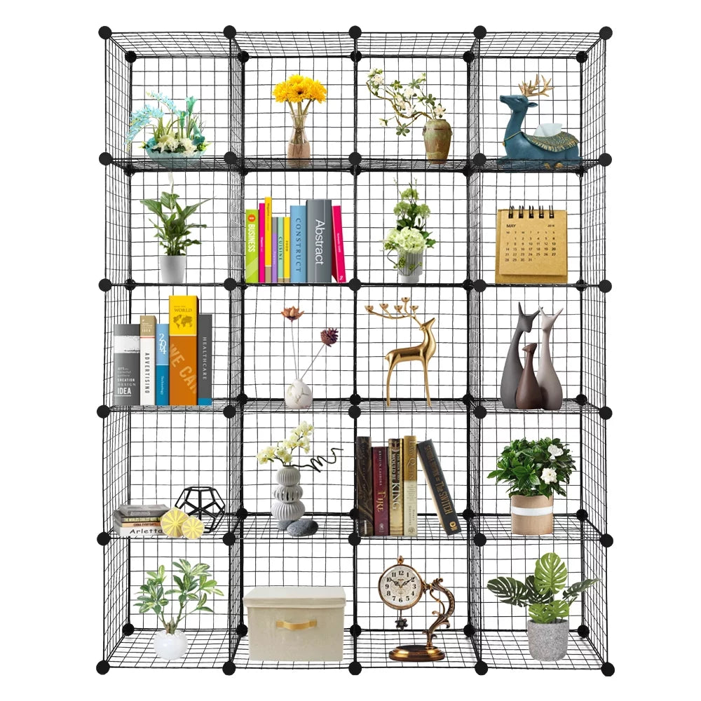 20-Cube Metal Grid Shelving Unit Storage Modular Cubbies Organizer Bookcase Black