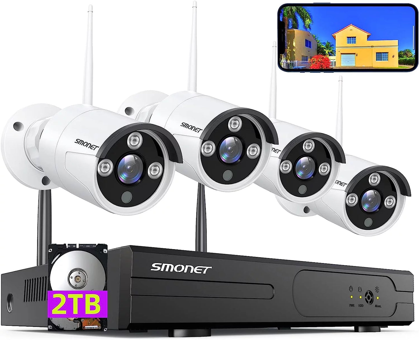 3MP Wireless Security Camera System with 2TB HDD, SMONET 4Pcs 8 Channel WiFi Surveillance NVR Kits, Indoor Outdoor CCTV Cameras System,Clearer than 1080P,Night Vision,AI Human Detection with Audio