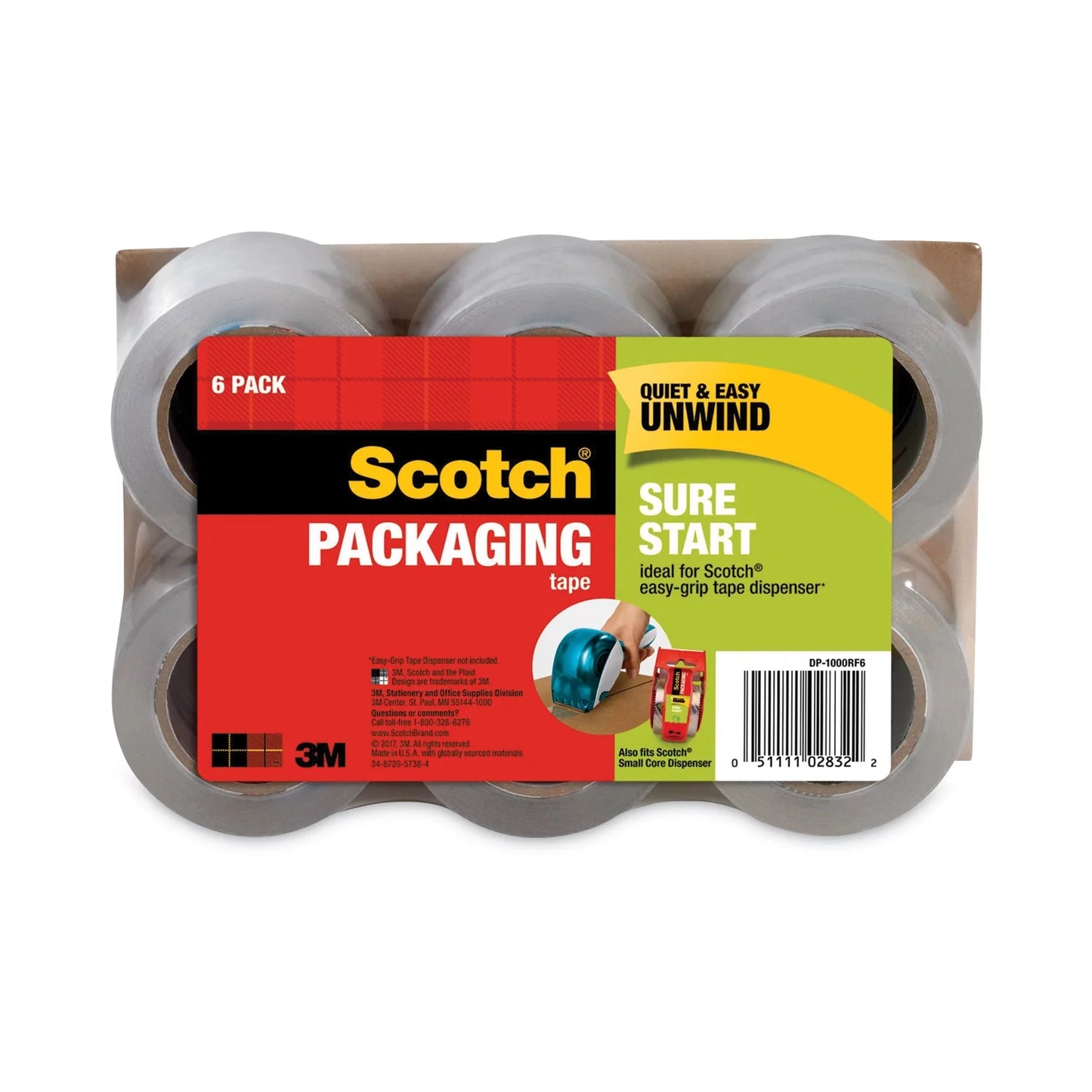 1PC Scotch Sure Start Packaging Tape DP1000 Dispensers, 1.5\\" Core, 1.88\\" x 75 ft, Clear, 6/Pack