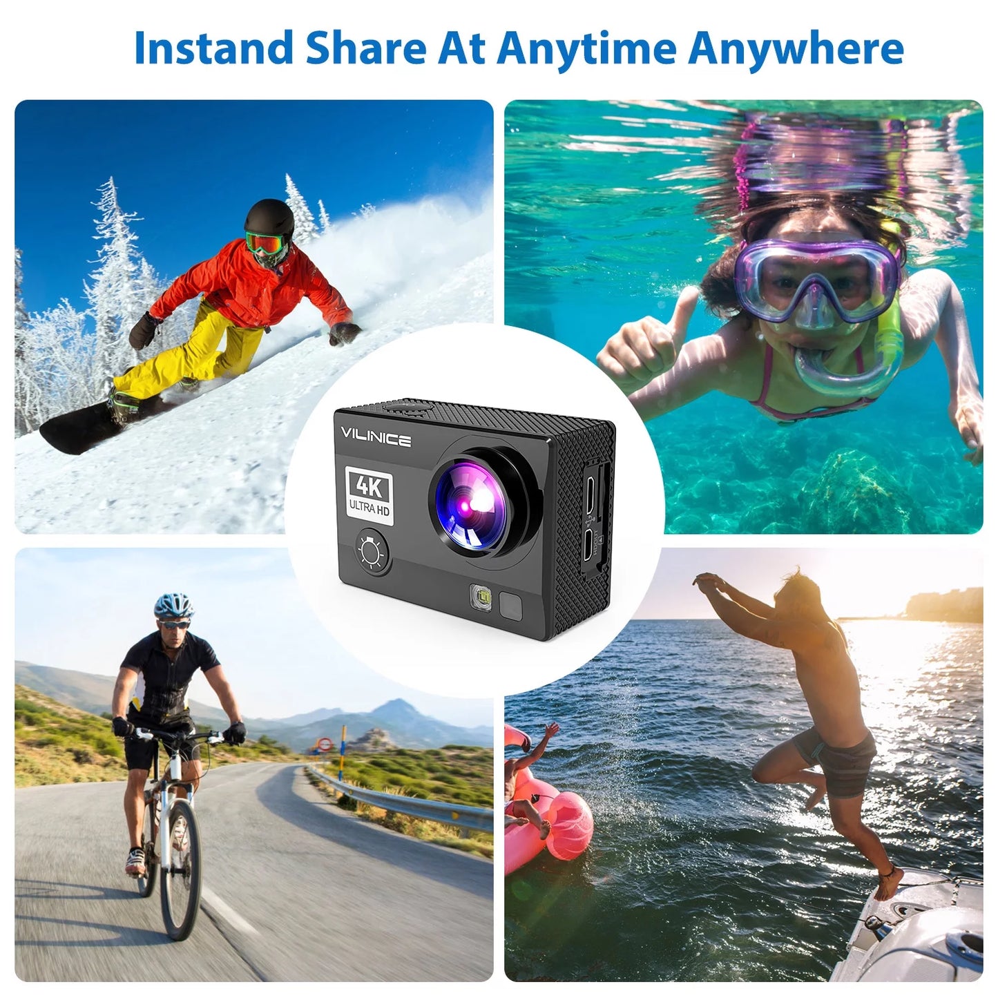 VILINICE Action Camera, 4K WiFi Camera with EIS 30m Underwater Waterproof Cameras Snorkeling, Sports Camera with 16MP Sony Sensor, Camera Case, Remote Control Gift, Travel