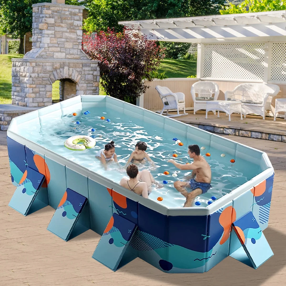 ANJORALA 113" Collapsible Swimming Pool Non-Inflatable Kiddie Pool Above Ground Garden Backyard(Blue)