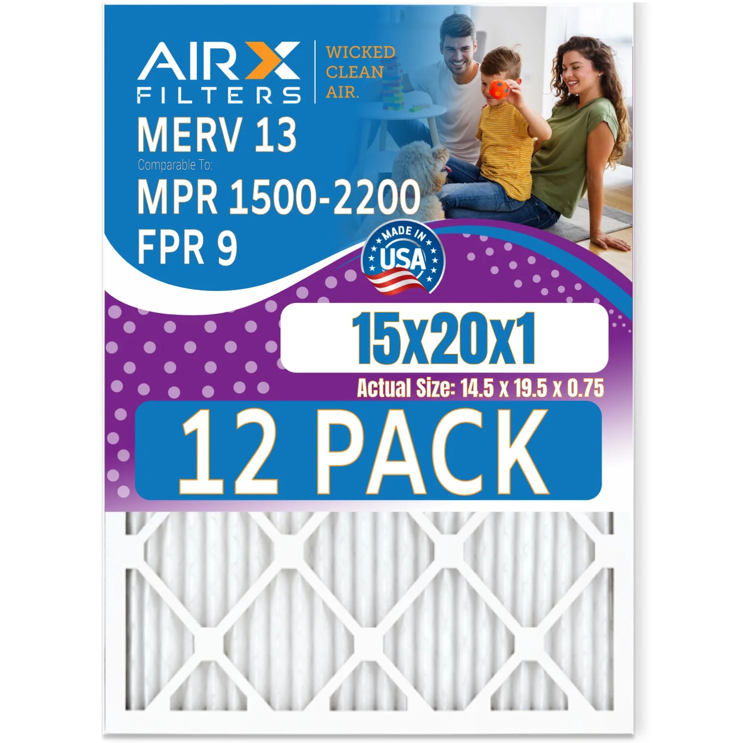 15x20x1 Air Filter MERV 13 Rating, 12 Pack of Furnace Filters Comparable to MPR 1500 - 2200 & FPR 9 - Made in USA by AIRX FILTERS WICKED CLEAN AIR.